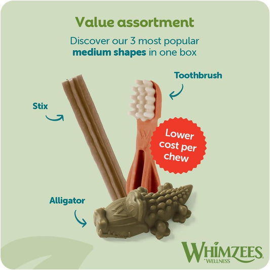 WHIMZEES Variety Box Dental M, 28 Pieces – Mixed Shapes, Size M, Dog Chews for Medium Breeds