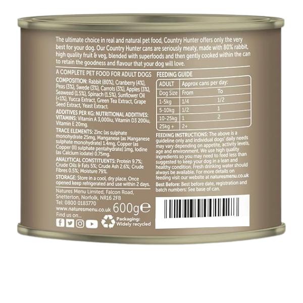 Natures Menu Country Hunter 6×600g Rabbit Tins – Natural Complete & Balanced Wet Dog Food, Grain-Free Gluten-Free, Hypoallergenic, Superfoods, Sensitive Stomach, Healthy Nutrition for Dogs
