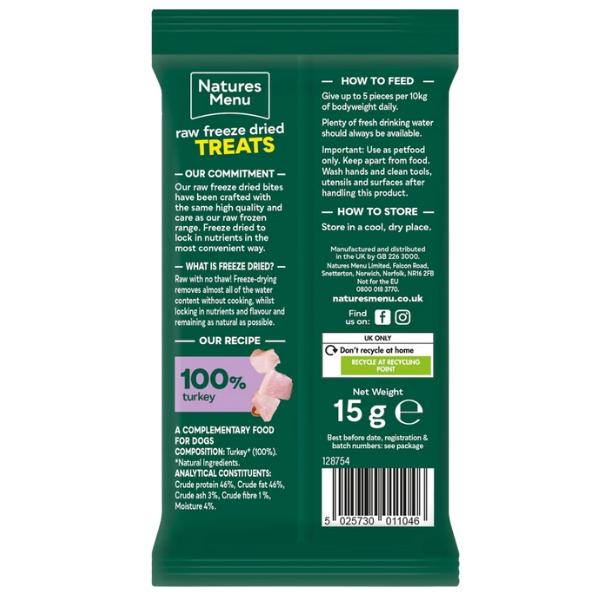 Natures Menu - 20x15g - Raw Freeze-Dried Turkey Bites – Natural Healthy Pet Treats, Grain-Free Hypoallergenic Snacks, High Protein Training Rewards, Tasty Lightweight Freeze Dried Dog & Cat Treats