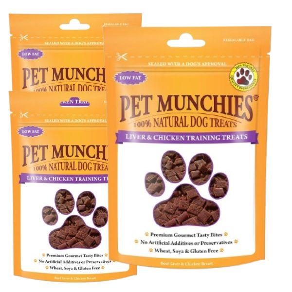 Pet Munchies Liver & Chicken Dog Training Treats, 3 x 50g Grain Free Tasty Bites with Natural Real Meat, Low Fat High Protein