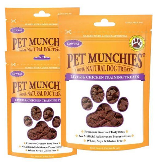 Pet Munchies Liver & Chicken Dog Training Treats, 3 x 50g Grain Free Tasty Bites with Natural Real Meat, Low Fat High Protein