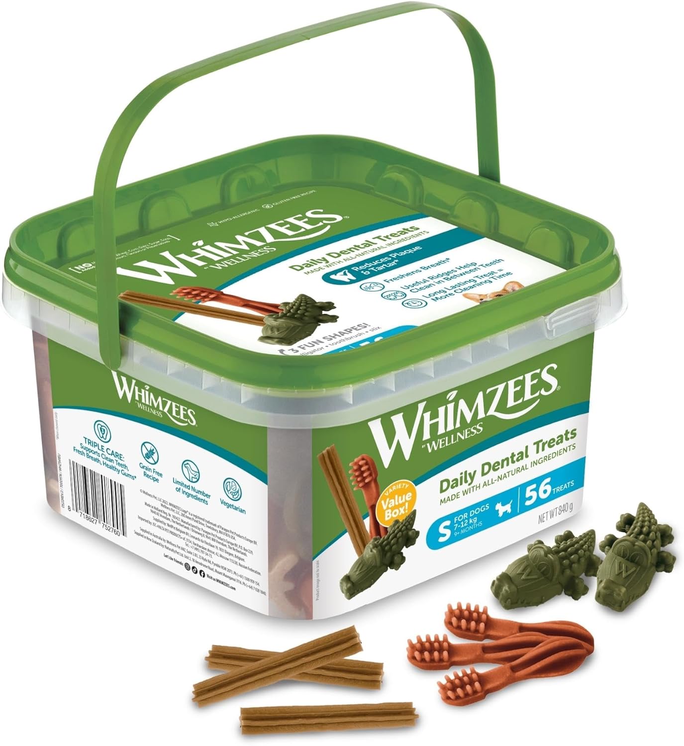 WHIMZEES Variety Box Dental S, 56 Pieces – Mixed Shapes, Size S, Dog Chews for Small Breeds, Natural and Grain Free