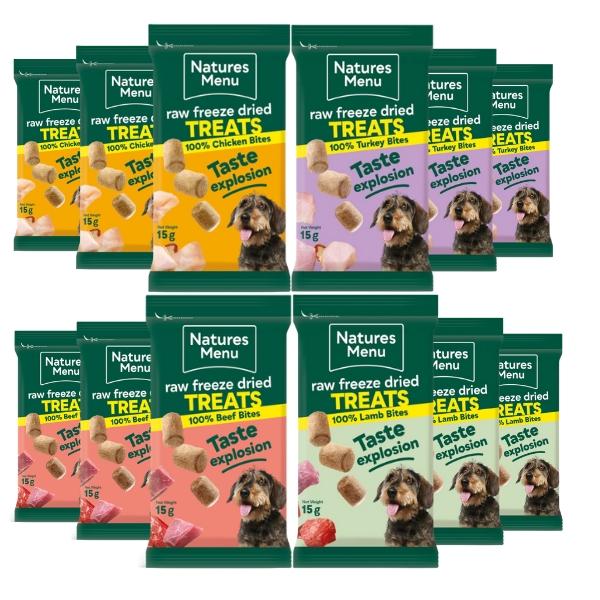 Nature's Variety Freeze-Dried Meat Bites Multi-Pack (12 x 15g) - Chicken 100%, Beef 100%, Lamb 100%, Turkey 100%
