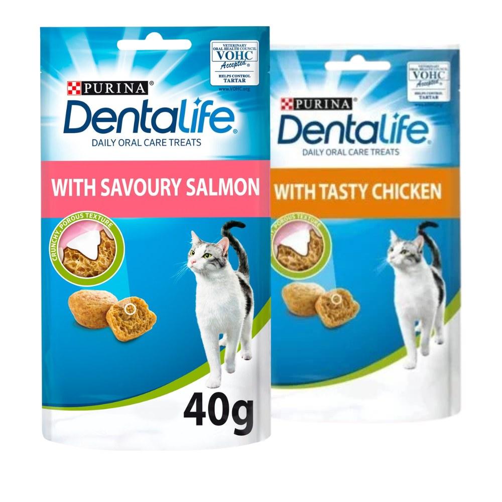 PURINA Dentalife Dental Treats for Cats | Bundle of 6 | Chicken 40g x 3 and Salmon 40g x 3