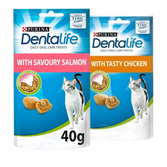 PURINA Dentalife Dental Treats for Cats | Bundle of 6 | Chicken 40g x 3 and Salmon 40g x 3