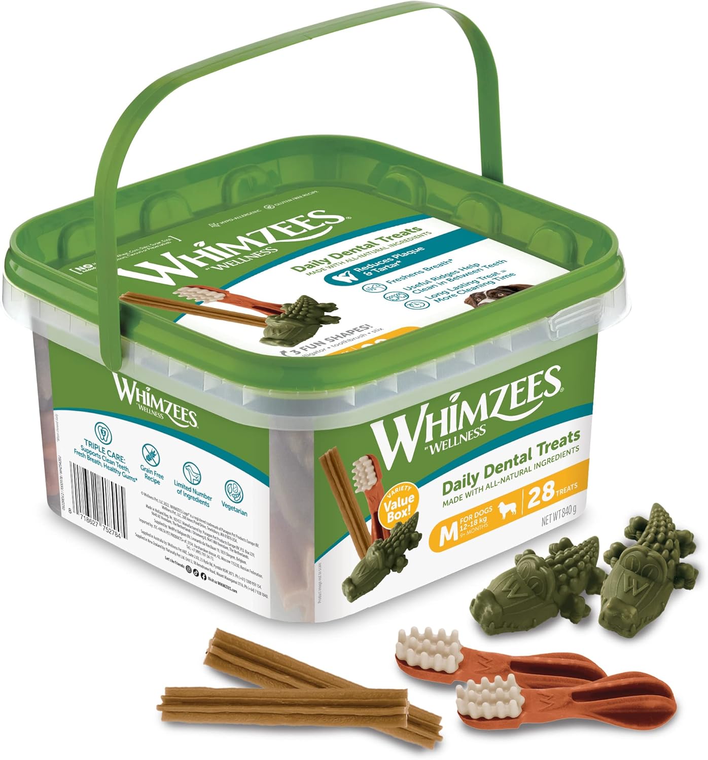 WHIMZEES Variety Box Dental M, 28 Pieces – Mixed Shapes, Size M, Dog Chews for Medium Breeds