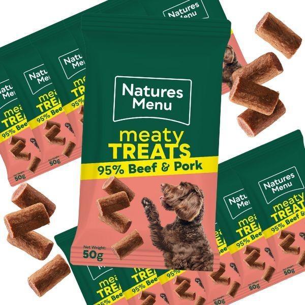 Natures Menu 50g x12 Cat Meaty Treats – Beef & Pork Recipe Soft Chewy Snacks for Cats, High Meat Content, Grain-Free, Hypoallergenic, Easy to Portion, Natural Protein-Rich Training Treats