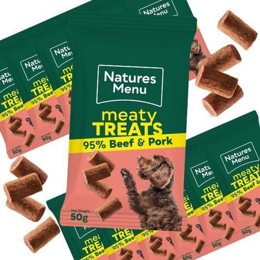 Natures Menu 50g x12 Cat Meaty Treats – Beef & Pork Recipe Soft Chewy Snacks for Cats, High Meat Content, Grain-Free, Hypoallergenic, Easy to Portion, Natural Protein-Rich Training Treats