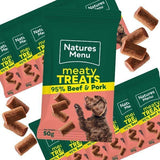 Natures Menu 50g x12 Cat Meaty Treats – Beef & Pork Recipe Soft Chewy Snacks for Cats, High Meat Content, Grain-Free, Hypoallergenic, Easy to Portion, Natural Protein-Rich Training Treats