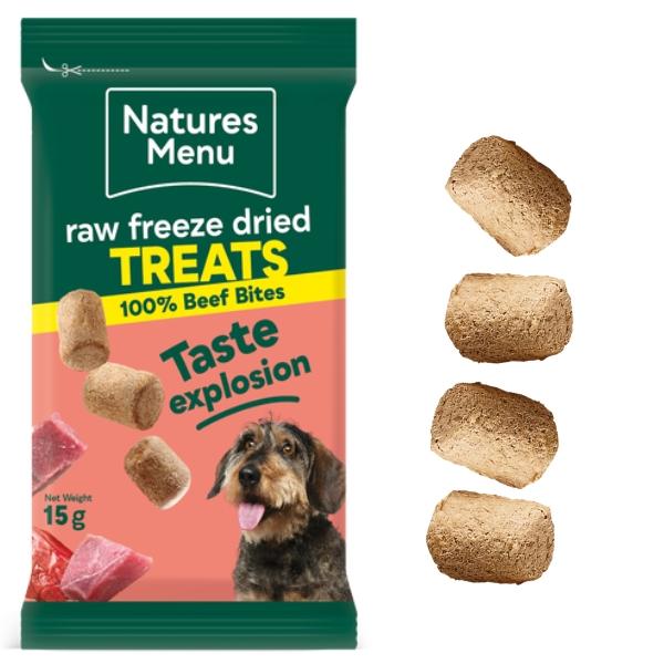 Natures Menu Raw Freeze Dried Treats 100% Beef Bites 20 x 15g Taste Explosion Dog Snacks