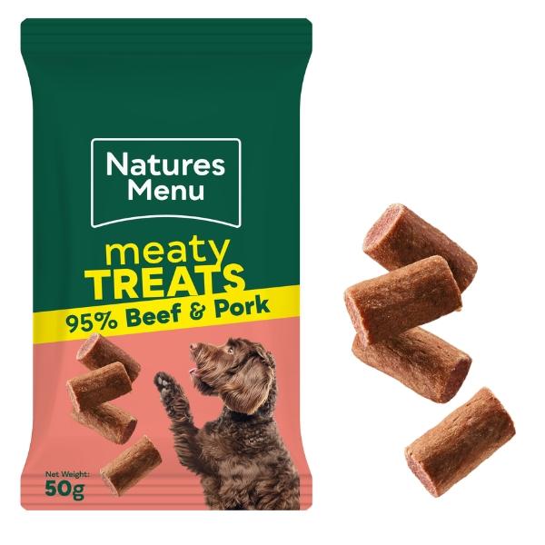 Natures Menu 50g x12 Cat Meaty Treats – Beef & Pork Recipe Soft Chewy Snacks for Cats, High Meat Content, Grain-Free, Hypoallergenic, Easy to Portion, Natural Protein-Rich Training Treats