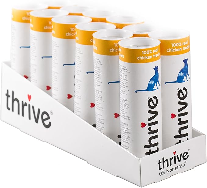 Thrive Cat Treats - 100 Percent Chicken, 12 Pack Pouches - Healthy Natural Cat Food, Grain Free High Protein Dry Cat Food, Hypoallergenic Crunchy Cat Treats, Kitten Food, Training Snacks for Cats