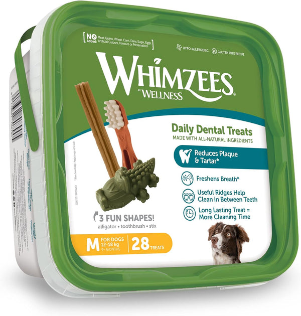 WHIMZEES Variety Box Dental M, 28 Pieces – Mixed Shapes, Size M, Dog Chews for Medium Breeds