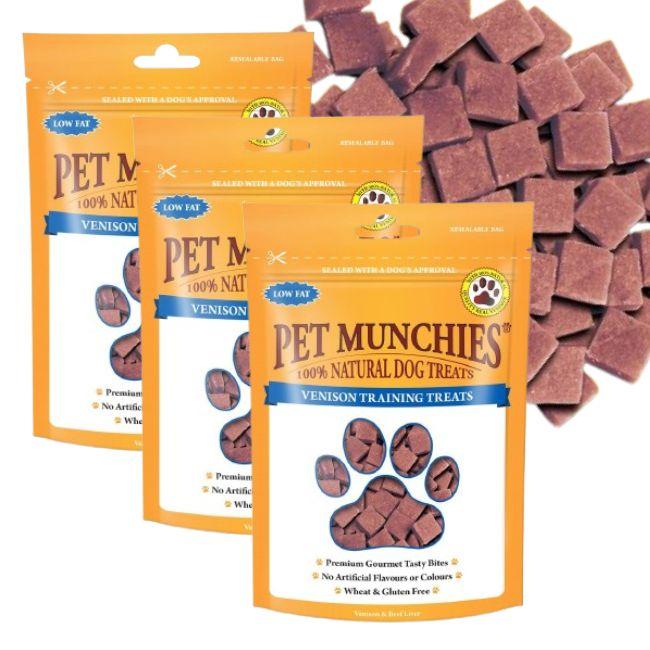 Pet Munchies Venison Dog Training Treats, 3 x 50g Grain Free Tasty Bites with Natural Real Meat, Low Fat High Protein