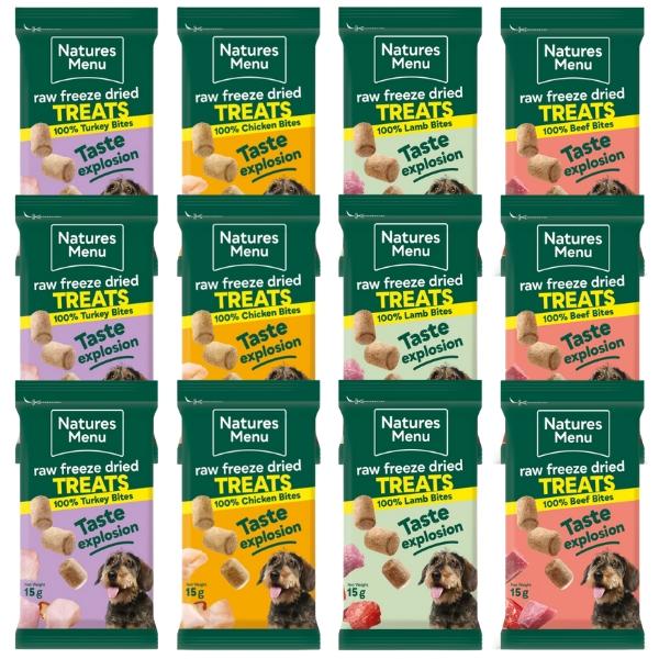 Nature's Variety Freeze-Dried Meat Bites Multi-Pack (12 x 15g) - Chicken 100%, Beef 100%, Lamb 100%, Turkey 100%