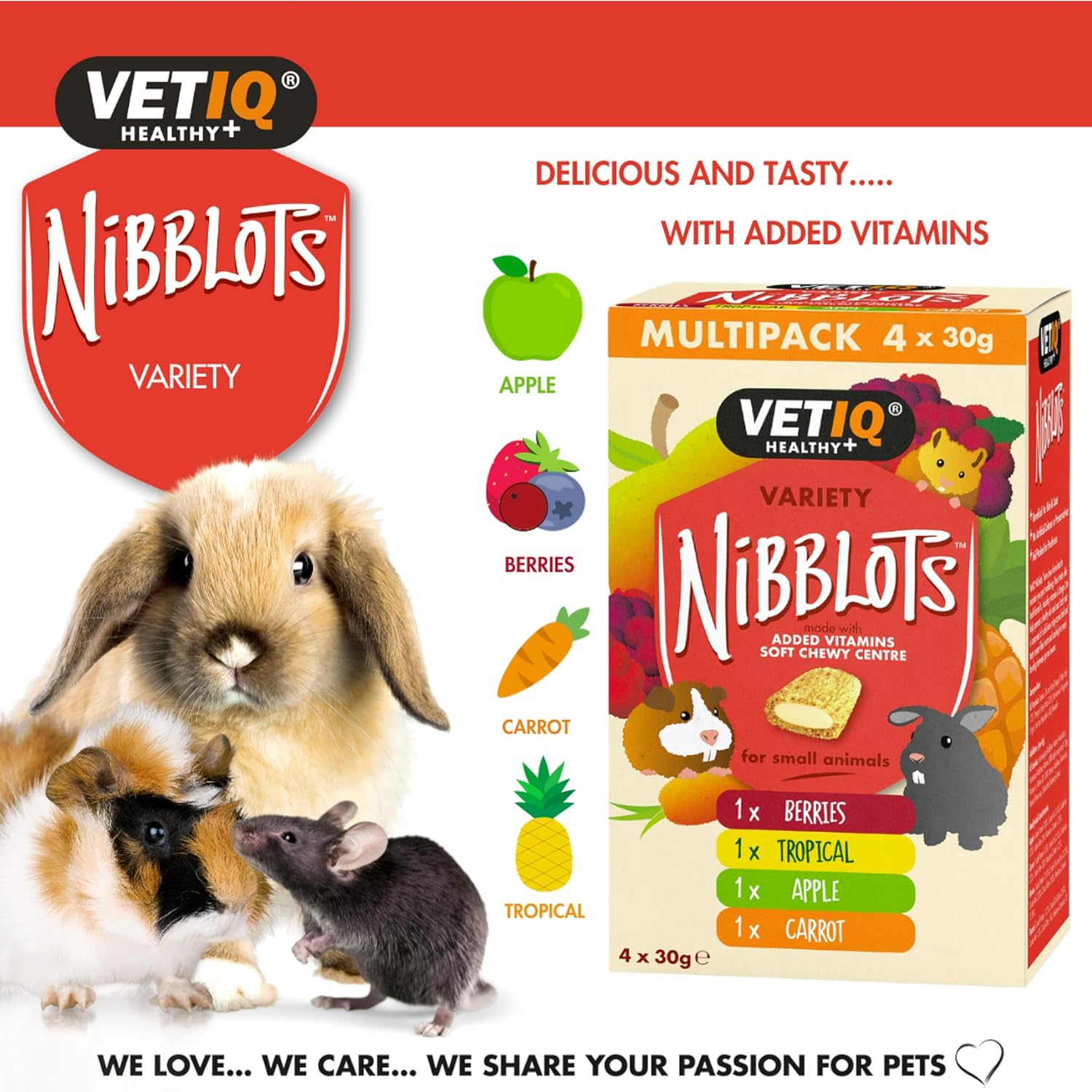 VETIQ Nibblots Treats Multi Pack with Added Vitamins in a Soft Chewy Centre for Small Animals, Suitable For Rabbits, Guinea Pigs & Hamsters, 30 g (Pack of 4)