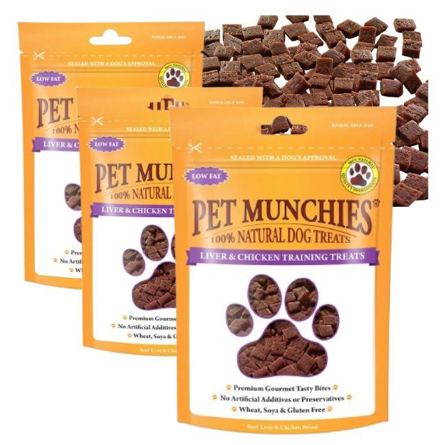Pet Munchies Liver & Chicken Dog Training Treats, 3 x 50g Grain Free Tasty Bites with Natural Real Meat, Low Fat High Protein