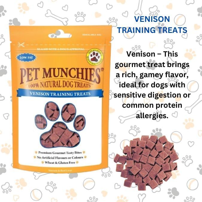 Pet Munchies Venison Dog Training Treats, 3 x 50g Grain Free Tasty Bites with Natural Real Meat, Low Fat High Protein