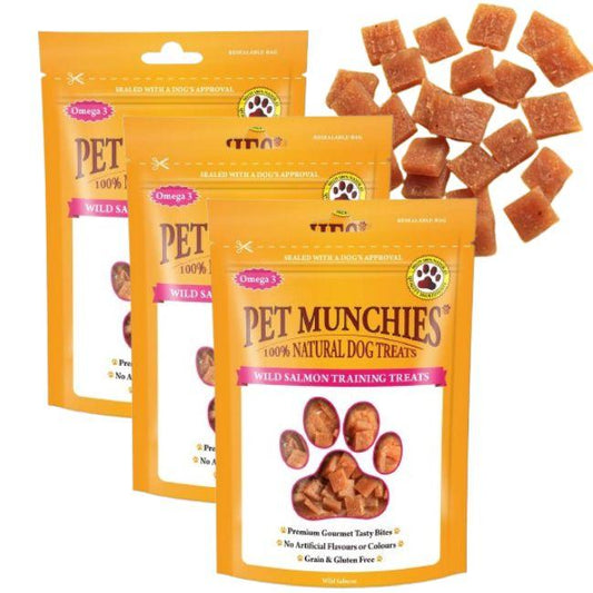 Pet Munchies Wild Salmon Dog Training Treats, Pack of 3 x 50g each, Grain Free Tasty Bites with Natural Real Meat