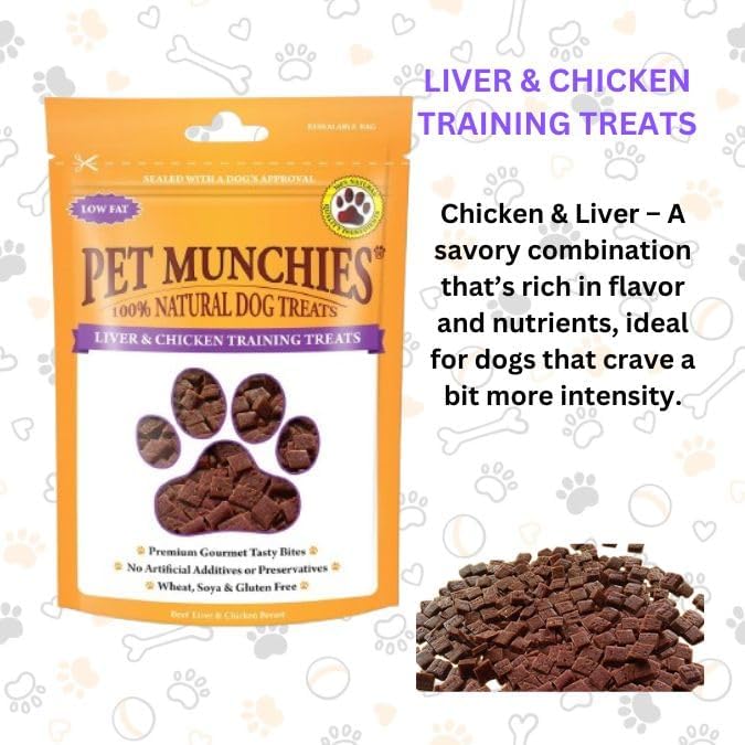 Pet Munchies Liver & Chicken Dog Training Treats, 3 x 50g Grain Free Tasty Bites with Natural Real Meat, Low Fat High Protein