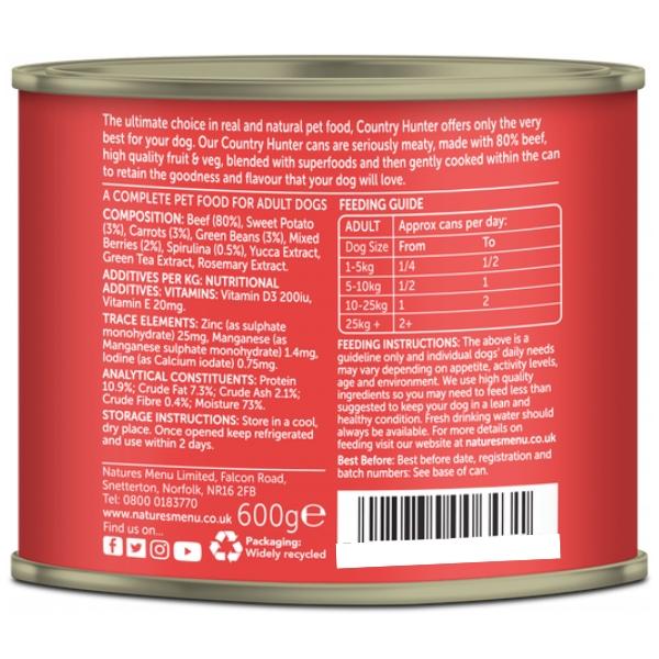 Natures Menu Country Hunter 6x600g Dog Food - Beef with Superfoods, Grain Free, Gluten Free, Natural Ingredients, High Protein Wet Dog Food, Complete and Balanced Meal, Healthy Nutrition for Dogs