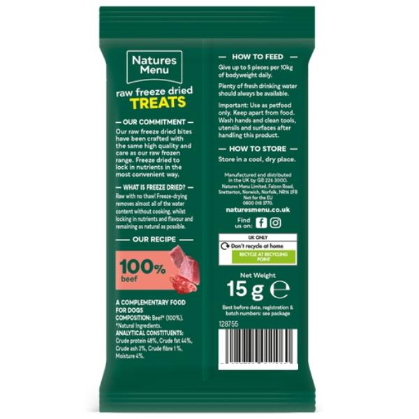 Natures Menu Raw Freeze Dried Treats 100% Beef Bites 20 x 15g Taste Explosion Dog Snacks