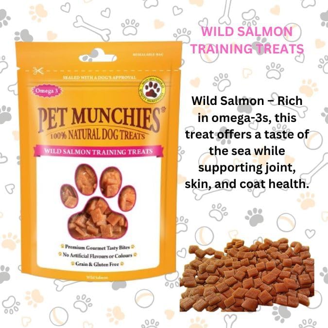 Pet Munchies Wild Salmon Dog Training Treats, Pack of 3 x 50g each, Grain Free Tasty Bites with Natural Real Meat