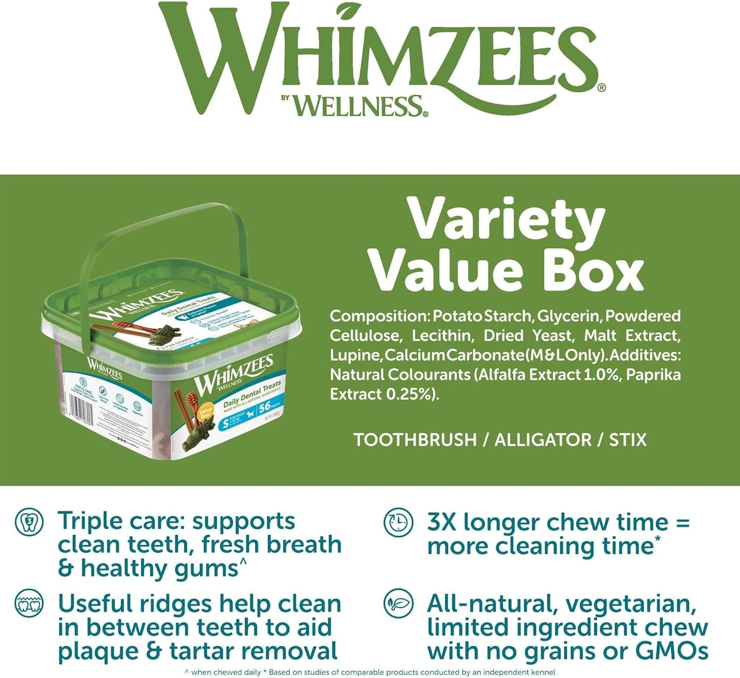 WHIMZEES Variety Box Dental S, 56 Pieces – Mixed Shapes, Size S, Dog Chews for Small Breeds, Natural and Grain Free